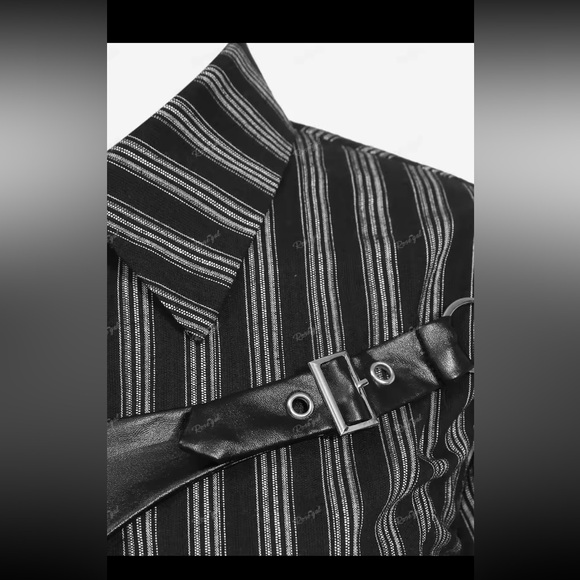 Biker Gothic Black Grey Striped Collared Button up Shirt w/ Belt Design 1X 16-18 - Picture 3 of 7
